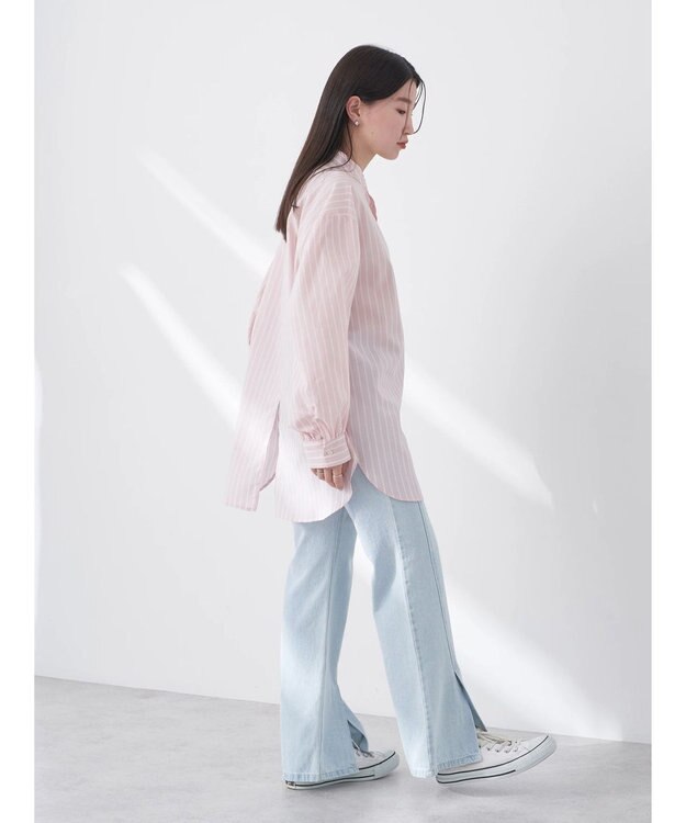 earth music&ecology バンドカラーストライプシャツ Salmon Pink