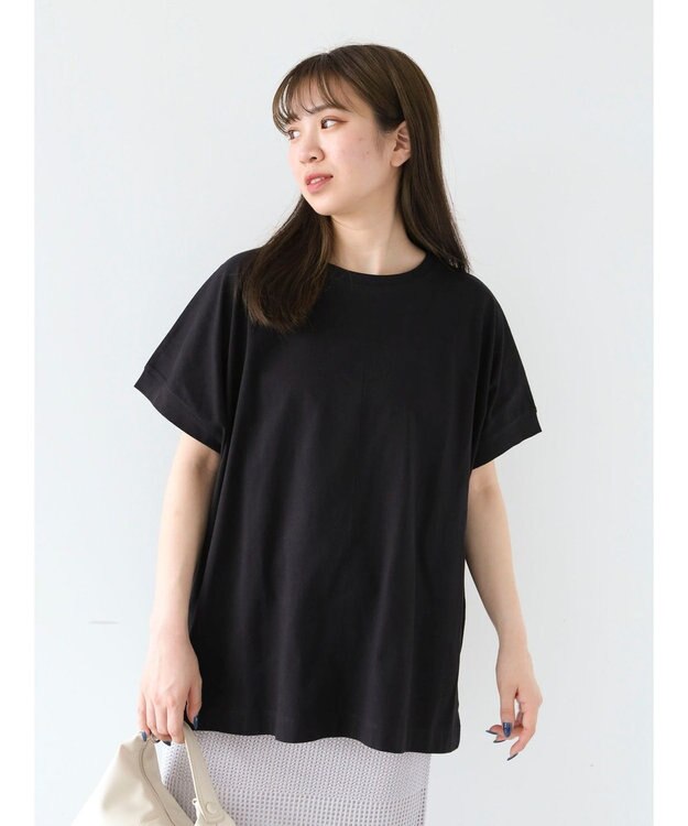 Green Parks インド綿 フレンチスリーブ前後差カットプルオーバー Black