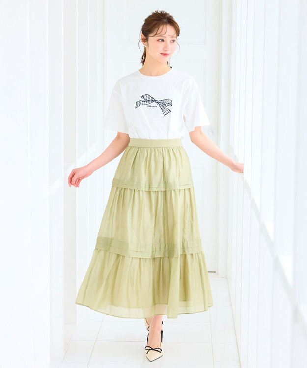 Feroux 【洗える】リボン刺繍 Tシャツ ホワイト系