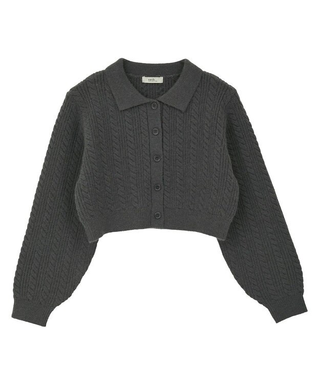 earth music&ecology 襟付きケーブルニットジャケット Charcoal Gray
