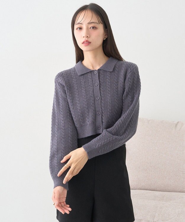 earth music&ecology 襟付きケーブルニットジャケット Charcoal Gray