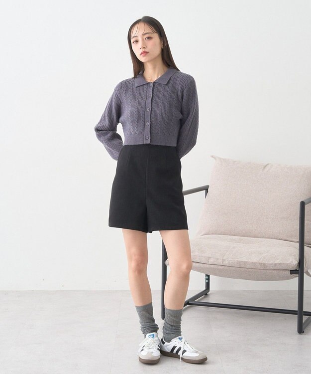 earth music&ecology 襟付きケーブルニットジャケット Charcoal Gray