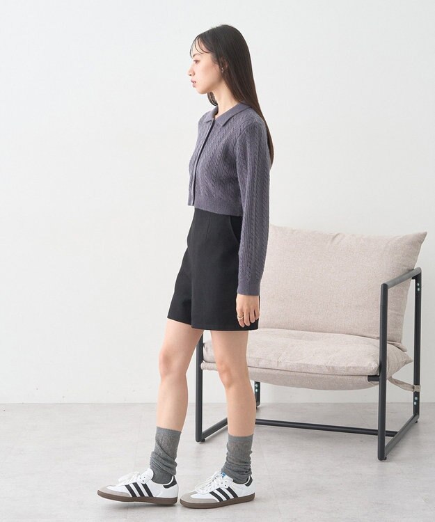 earth music&ecology 襟付きケーブルニットジャケット Charcoal Gray