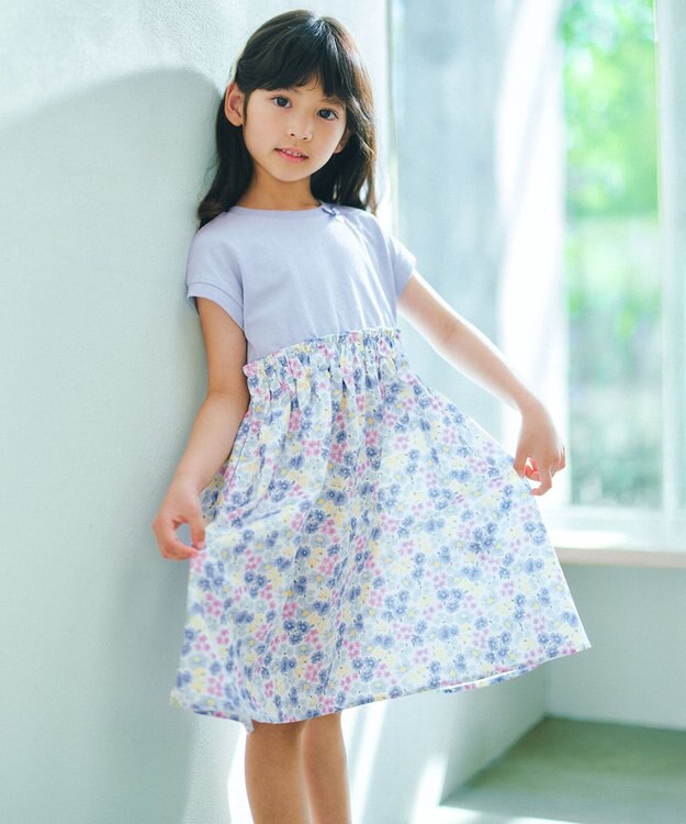 ANY KIDS 【接触冷感】ひんやり ドッキングワンピース サックスブルー×花柄