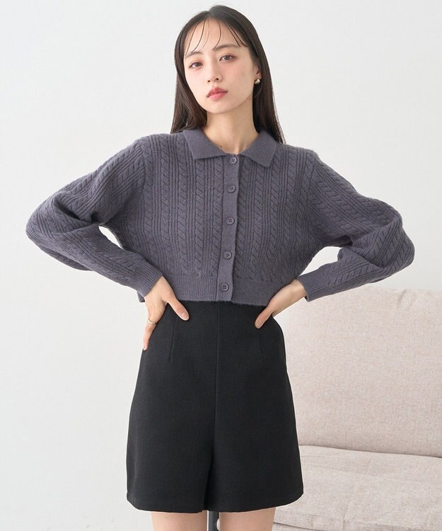 earth music&ecology 襟付きケーブルニットジャケット Charcoal Gray