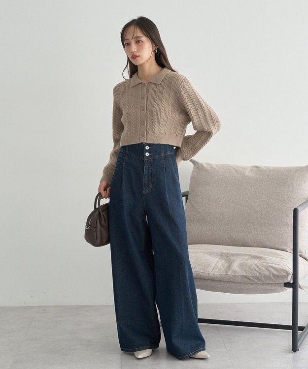 earth music&ecology 襟付きケーブルニットジャケット Mocha