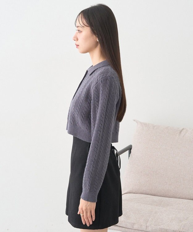 earth music&ecology 襟付きケーブルニットジャケット Charcoal Gray