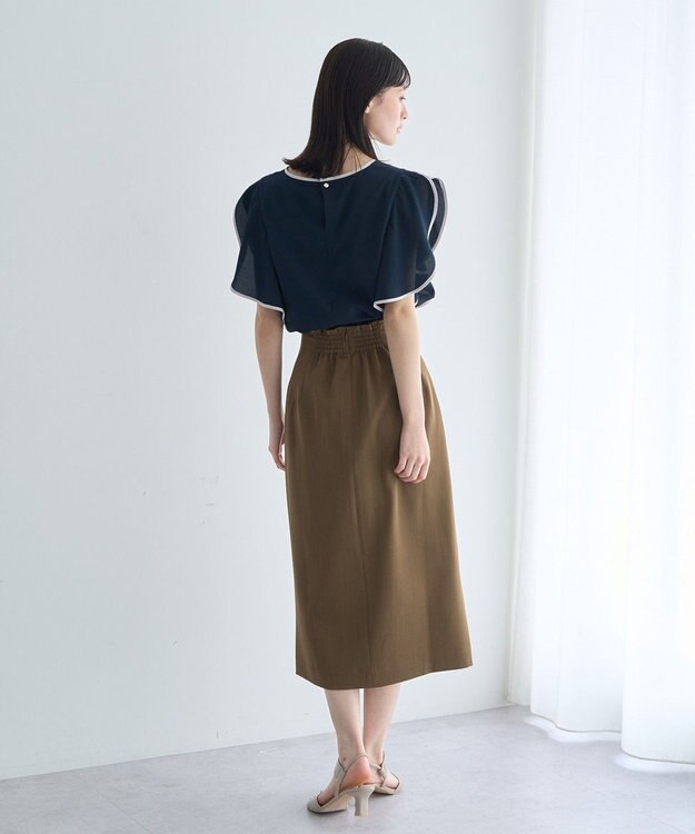 YECCA VECCA 配色ラッフルスリーブブラウス Navy