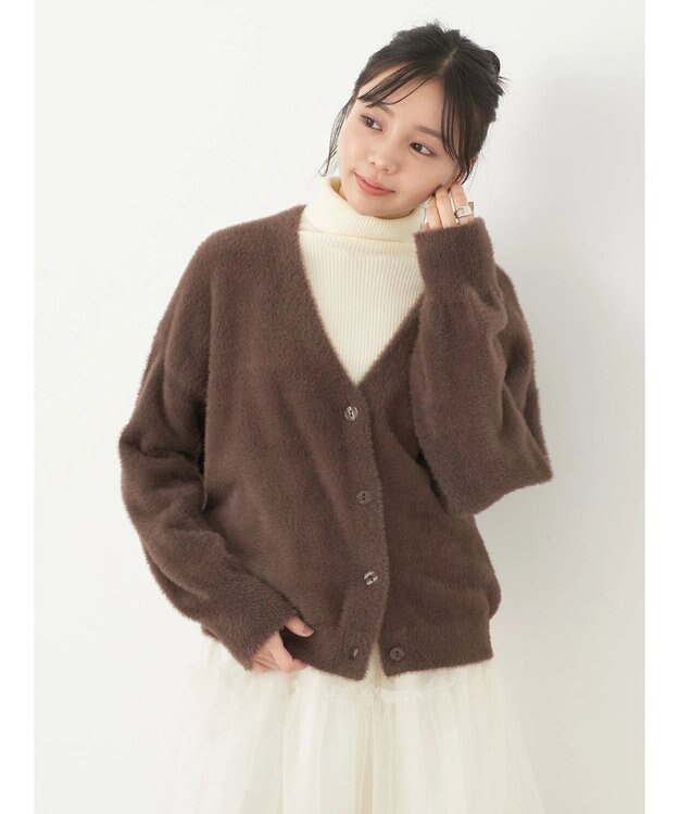 earth music&ecology ミニシャギーＶネックカーディガン Brown