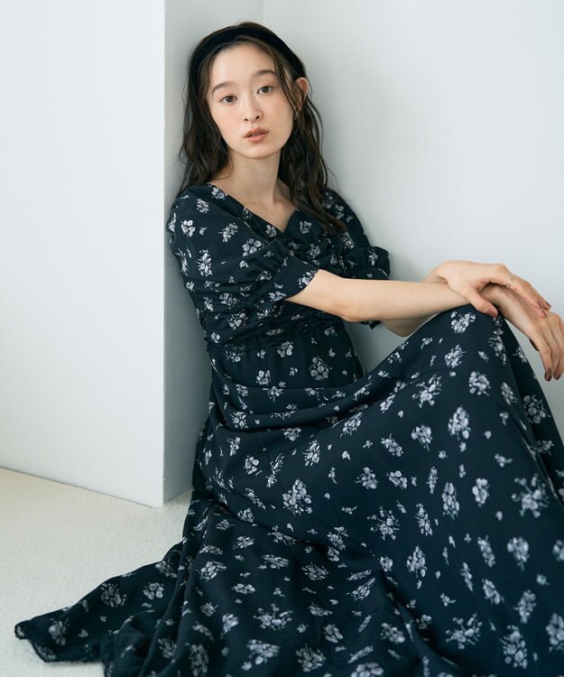 earth music&ecology レース切替フラワーロングワンピース Black