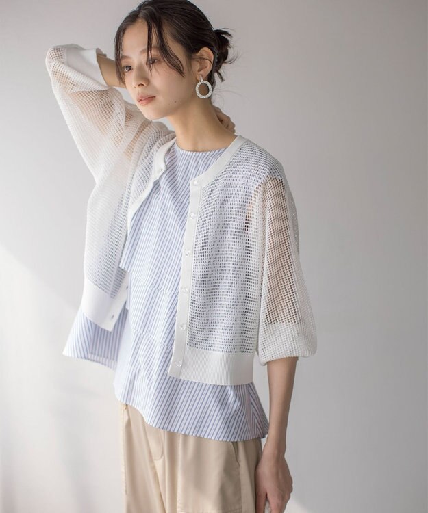 組曲 【WEB限定】コットンレーヨンシャーティングノースリーブ ブラウス ブルーストライプ系1