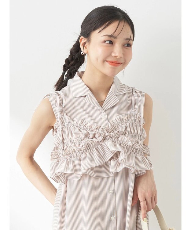 earth music&ecology ＳＥＴ２点シャーリングビスチェ×シャツワンピース Stripe Beige