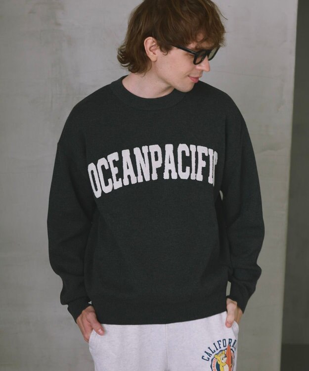 OP／FILA 【ocean pacific】サガラ刺しゅうロゴクルーニット/メンズ チャコールグレー