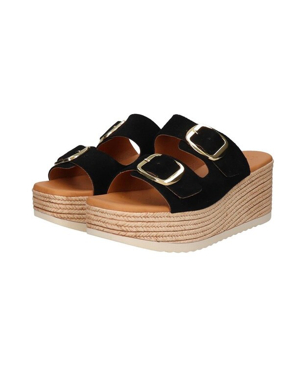 INTER-CHAUSSURES 【Oh my Sandals】ダブルバックル厚底ウエッジサンダル ブラックスウェード