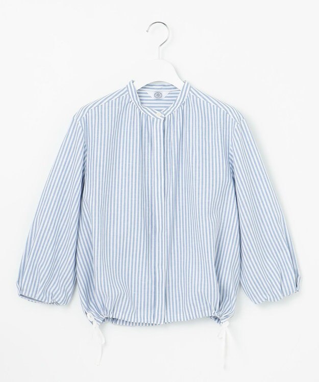 J.PRESS LADIES 【洗える・接触冷感・吸水速乾】麻STRIPE バンドカラー シャツ ブラウス サックスストライプ系