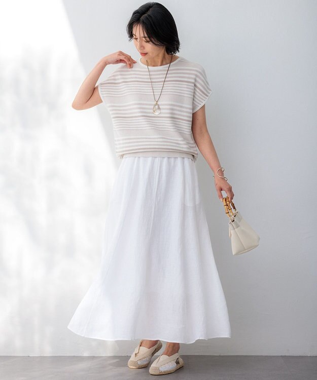 23区 S 【洗える】コットンアセテート バックボタン ニット ベージュボーダー