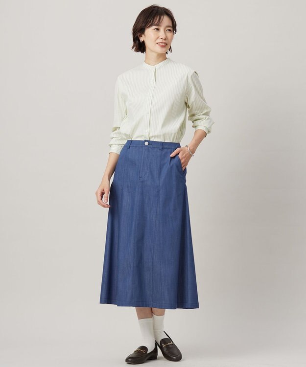 J.PRESS LADIES L 【洗える】BEZ VEGA バンドカラー ブラウス イエロー×ネイビー系