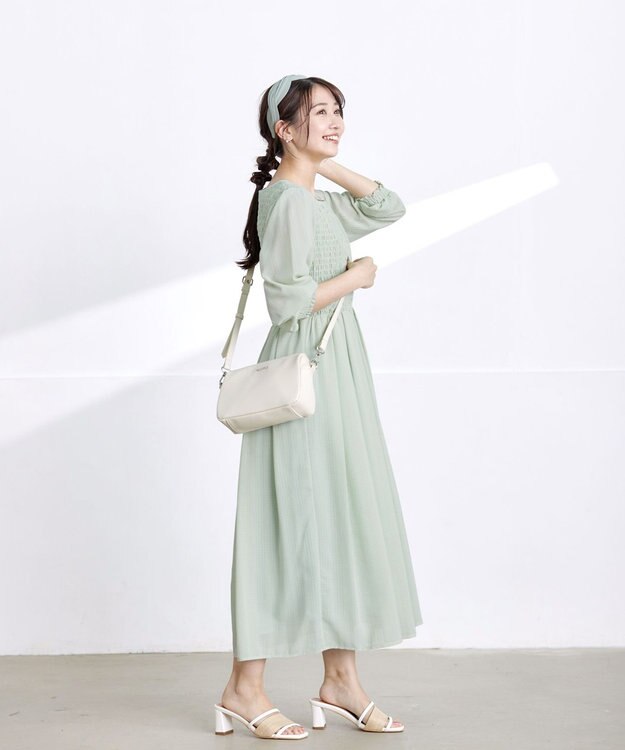 Tiaclasse 【洗える】シャーリングパフスリーブシアーワンピース ミント