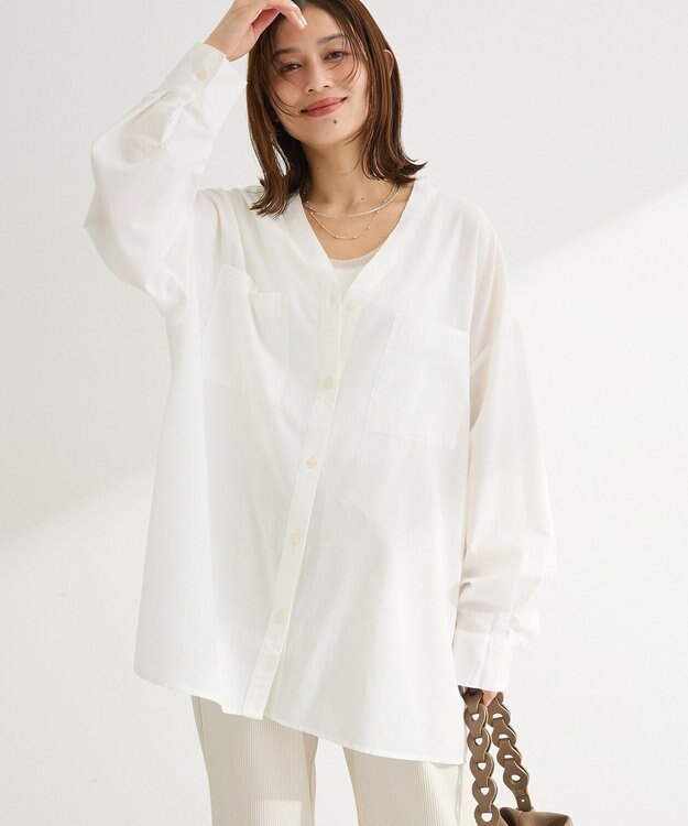 Green Parks 綿麻混Ｖネックオーバーサイズシャツ Off White