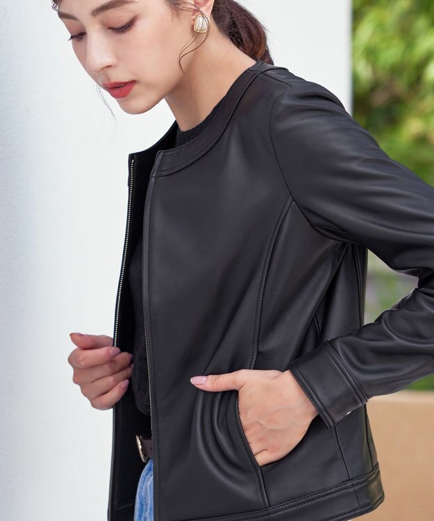 Tiaclasse L 【本革】ノーカラーシープレザージャケット ブラック