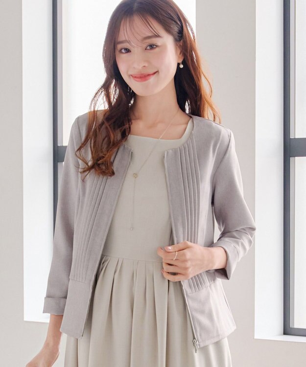 Tiaclasse 【小倉優子さん着用】【洗える】ピンタックノーカラージャケット グレージュ