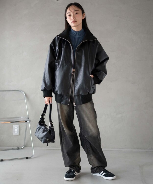 WEGO ヴィンテージライクFレザーRVブルゾン ブラック