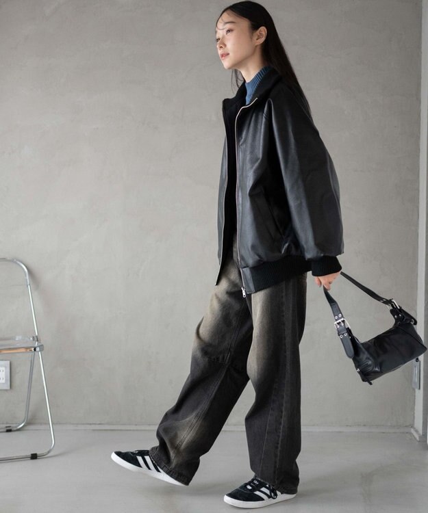 WEGO ヴィンテージライクFレザーRVブルゾン ブラック