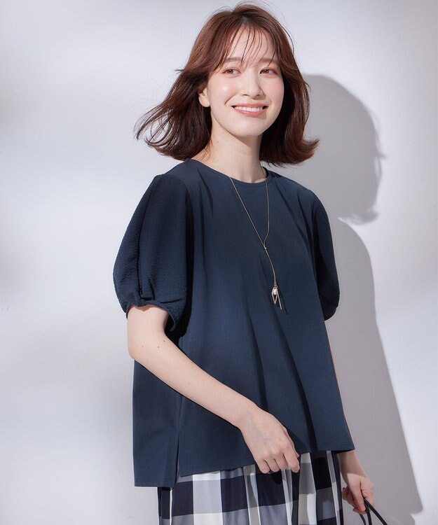 ANY L 【吸水速乾/UVケア】ミニサッカーコンビ袖ボリュームカットソー ネイビー