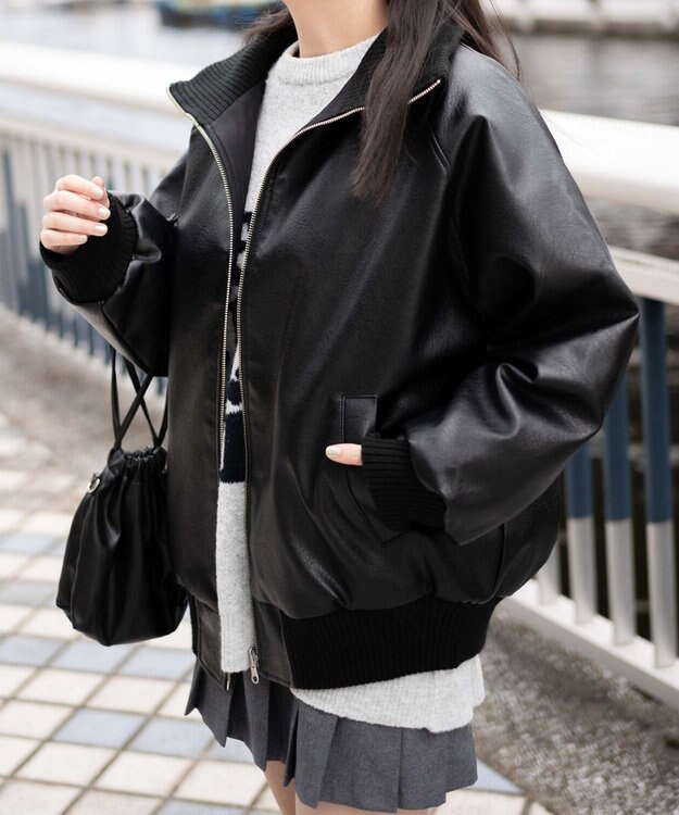 WEGO ヴィンテージライクFレザーRVブルゾン ブラック