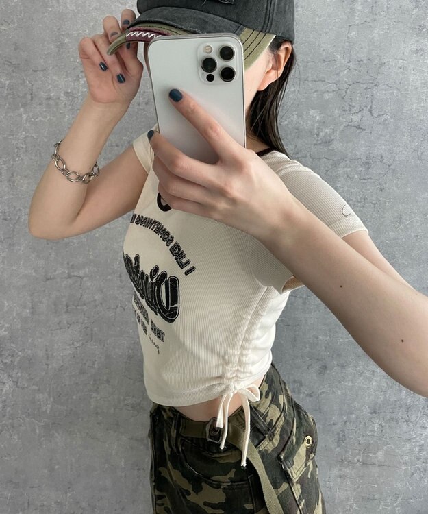 WEGO 配色サイドギャザーVネックT オフホワイト