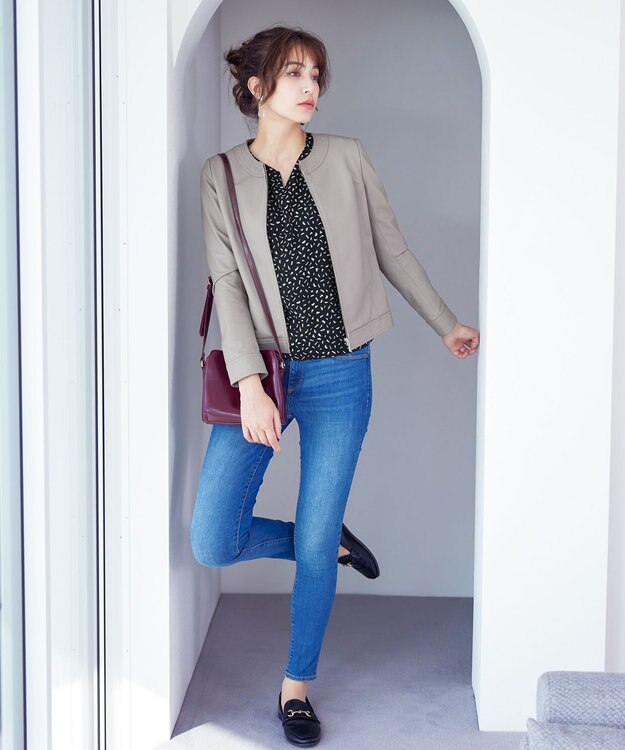 Tiaclasse L 【本革】ノーカラーシープレザージャケット モカ