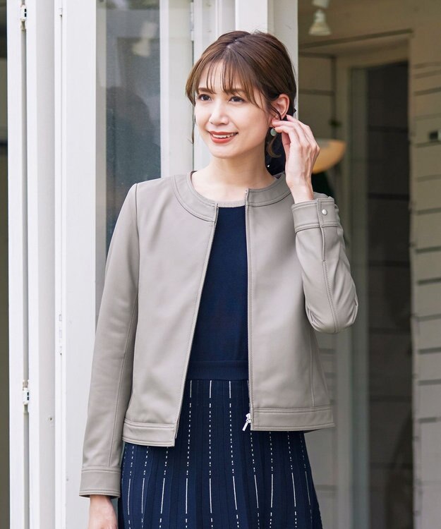 Tiaclasse L 【本革】ノーカラーシープレザージャケット モカ