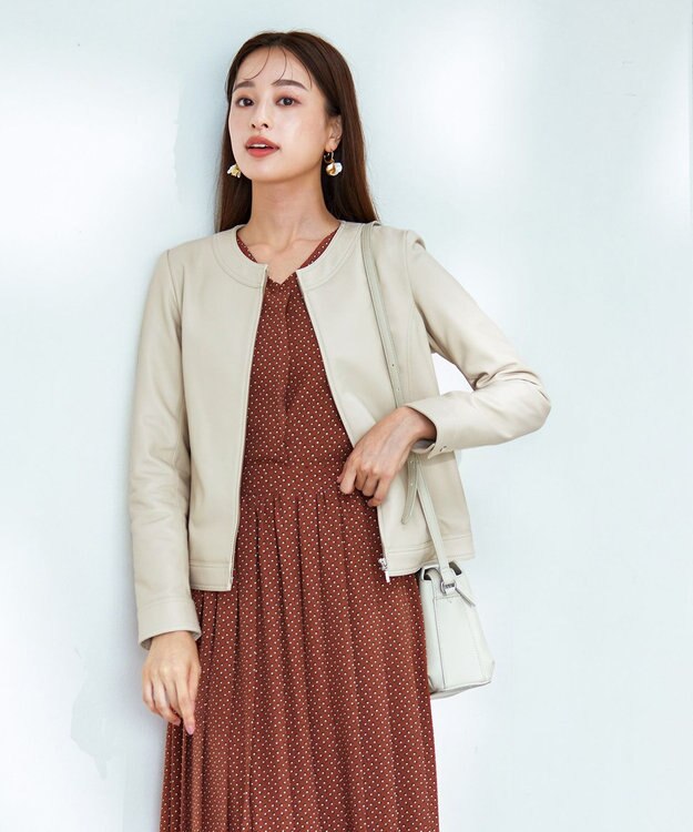 Tiaclasse L 【本革】ノーカラーシープレザージャケット アイボリー