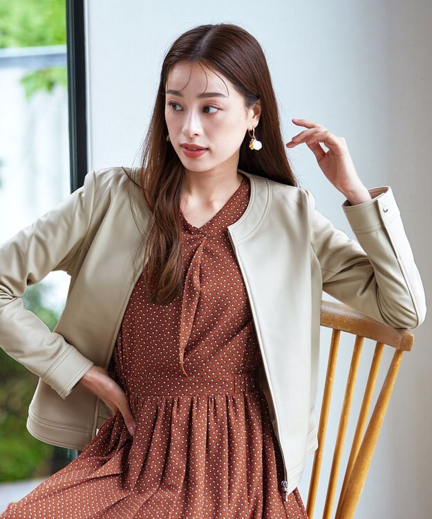 Tiaclasse L 【本革】ノーカラーシープレザージャケット アイボリー