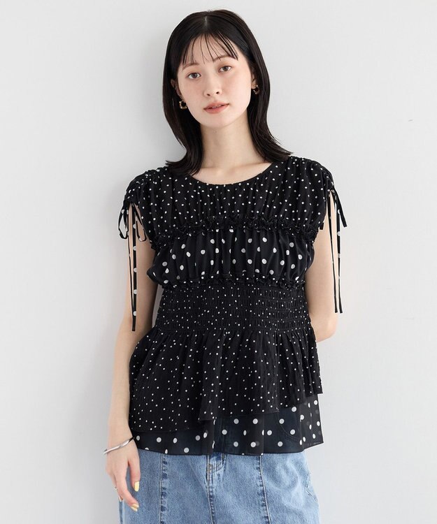 YECCA VECCA ドットMIXシャーリングブラウス Black