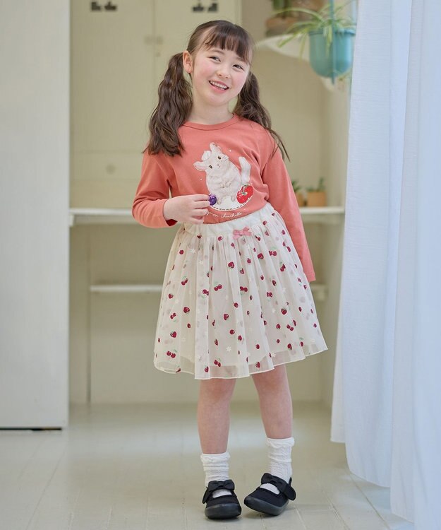 ANY KIDS アニマル×フルーツ 長袖 Tシャツ コーラル×チンチラ