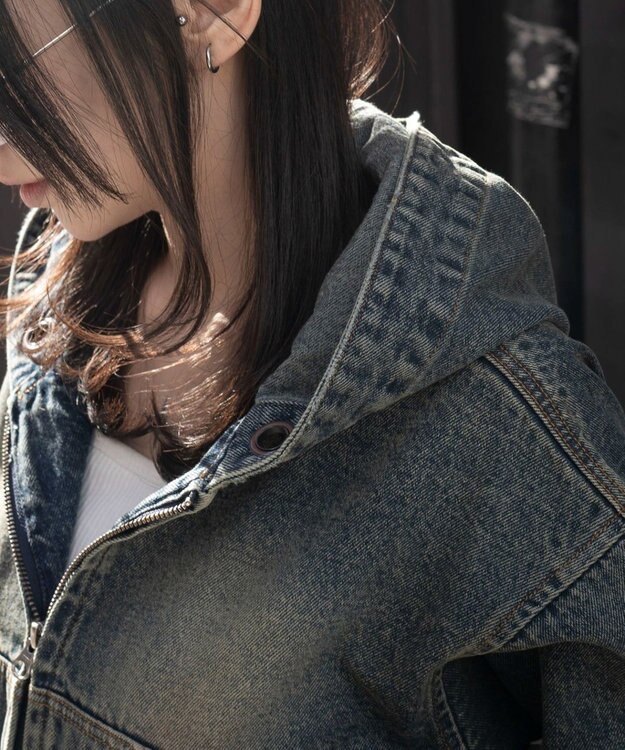 WEGO デニムショートフードブルゾン デニム中濃加工色