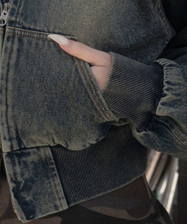 WEGO デニムショートフードブルゾン デニム中濃加工色