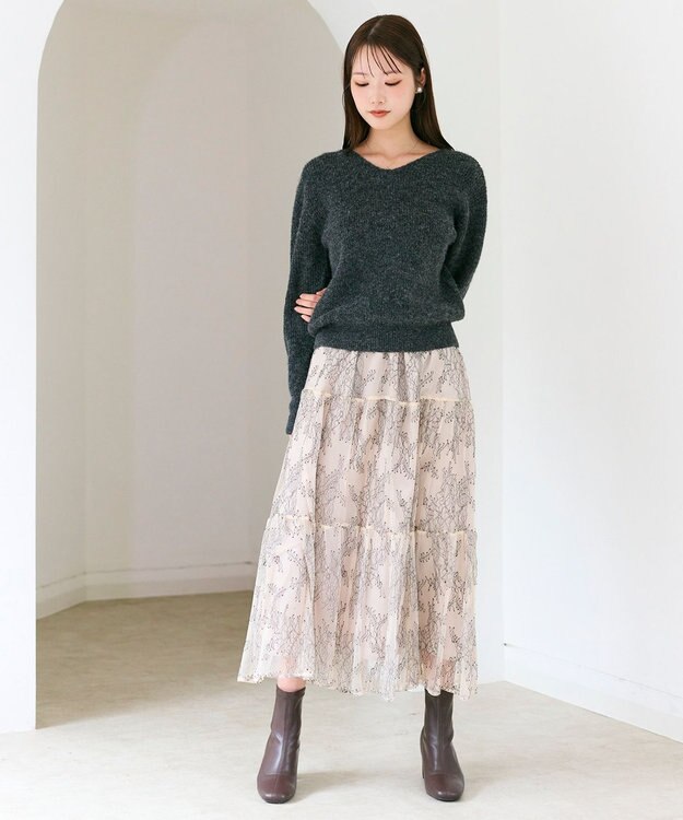 Feroux ニット×ティアードレース スカート グレー系