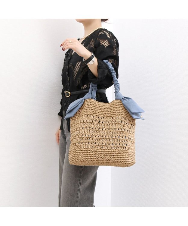 UNBILLION カシュカシュ cachecache / 下がりリボン柄編みトート カゴバッグ ブルー