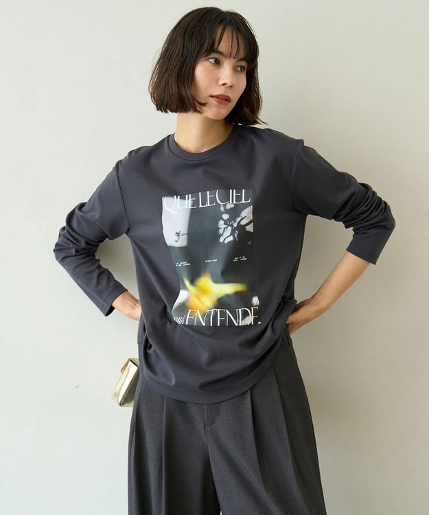 UNFILO コットンスムース グラフィック ロンＴ チャコール(花)