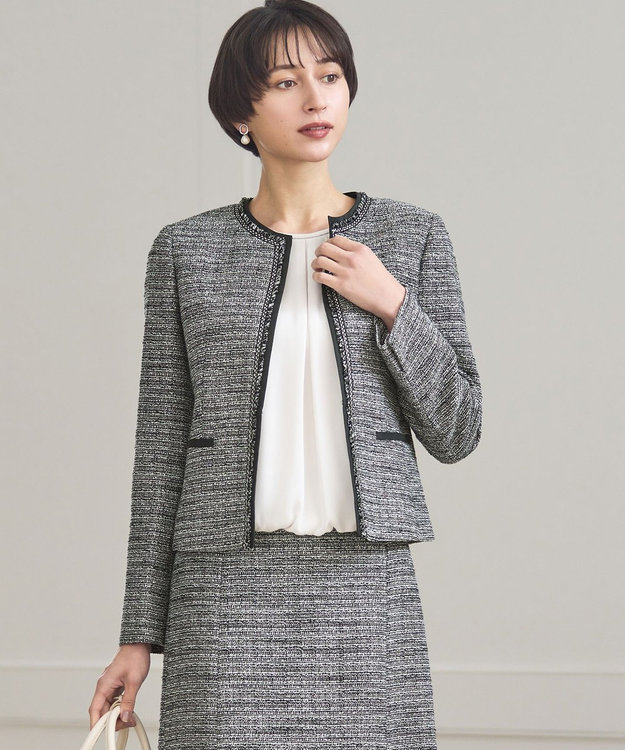 23区 L 【セットアップ対応】ライトシャインツイード ノーカラージャケット ブラックミックス