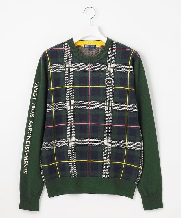 23区GOLF 【MEN】チェックジャガード　クルーネック  ニット ダークグリーン系3