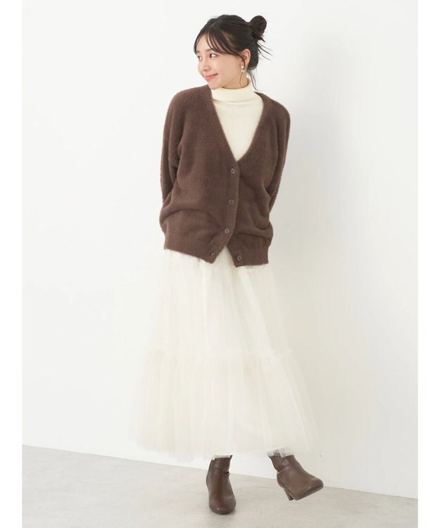 earth music&ecology ミニシャギーＶネックカーディガン Brown