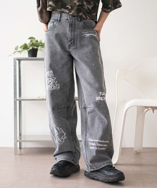 WEGO 刺繍ロゴバレルレッグパンツ デニムブラック