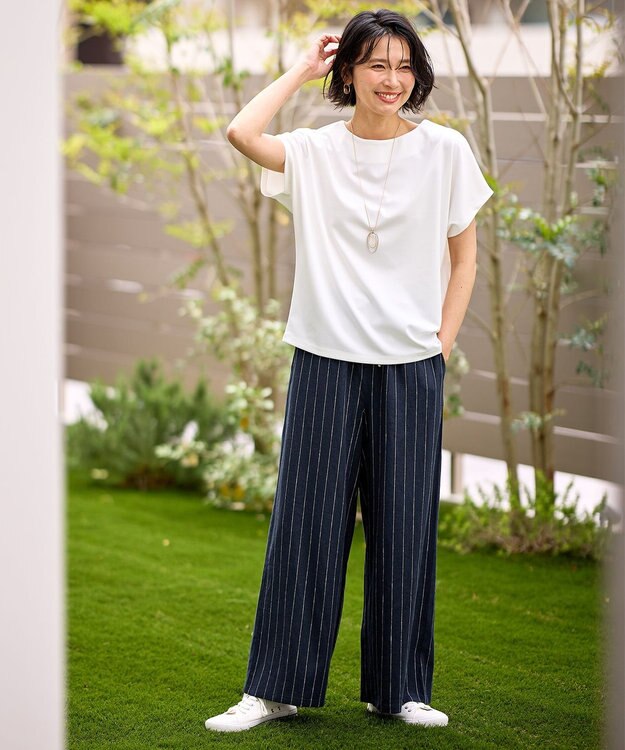 ANY 【ウエストゴム】リネンレーヨンワイドパンツ ネイビーストライプ