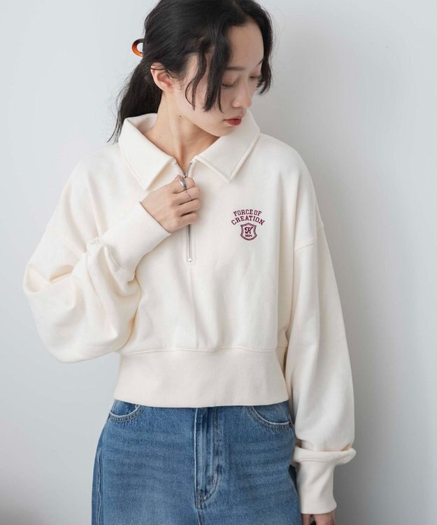 WEGO ハーフZIP襟付きショートスウェット ホワイト