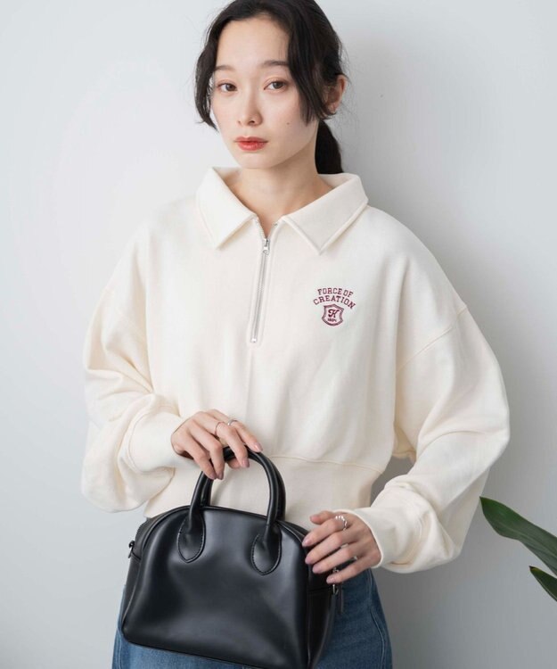 WEGO ハーフZIP襟付きショートスウェット ホワイト