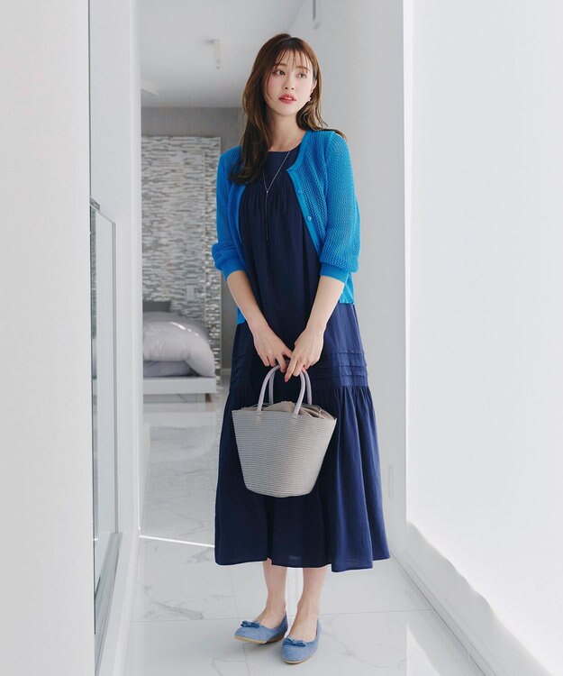 Tiaclasse L 【新色追加・洗える】パフスリーブ透かし編みニットカーディガン ブルー