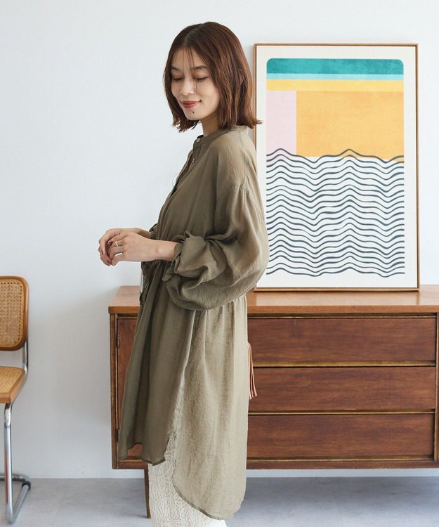 Green Parks バンドカラー比翼タック袖チュニック Khaki